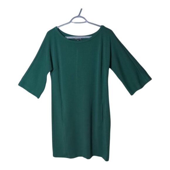 Eileen Fisher Tencel Ponte 3/4-Sleeve Boat-Neck Dress Emerald Green Size Small - Picture 2 of 8